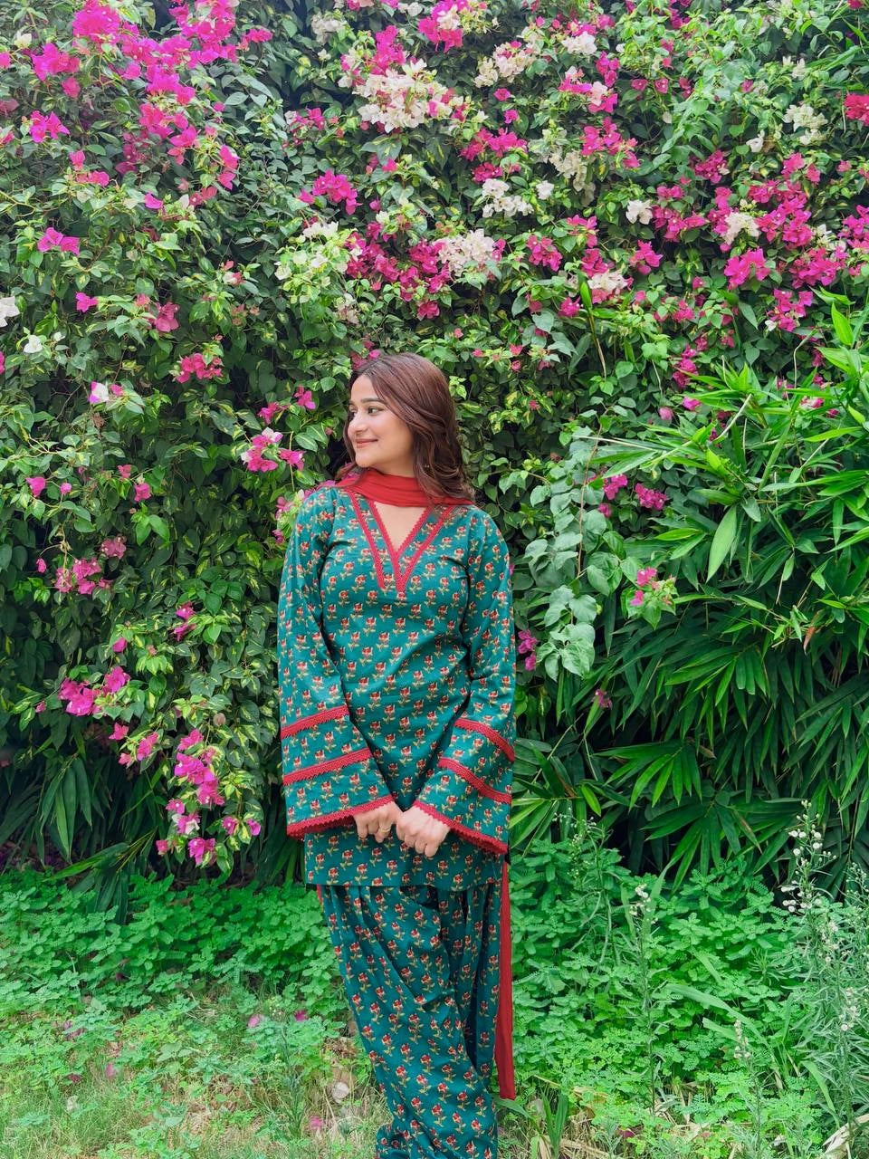 Teal Green Digital Floral Print Farshi Suit full-length model outdoor – Kalyanja KU303